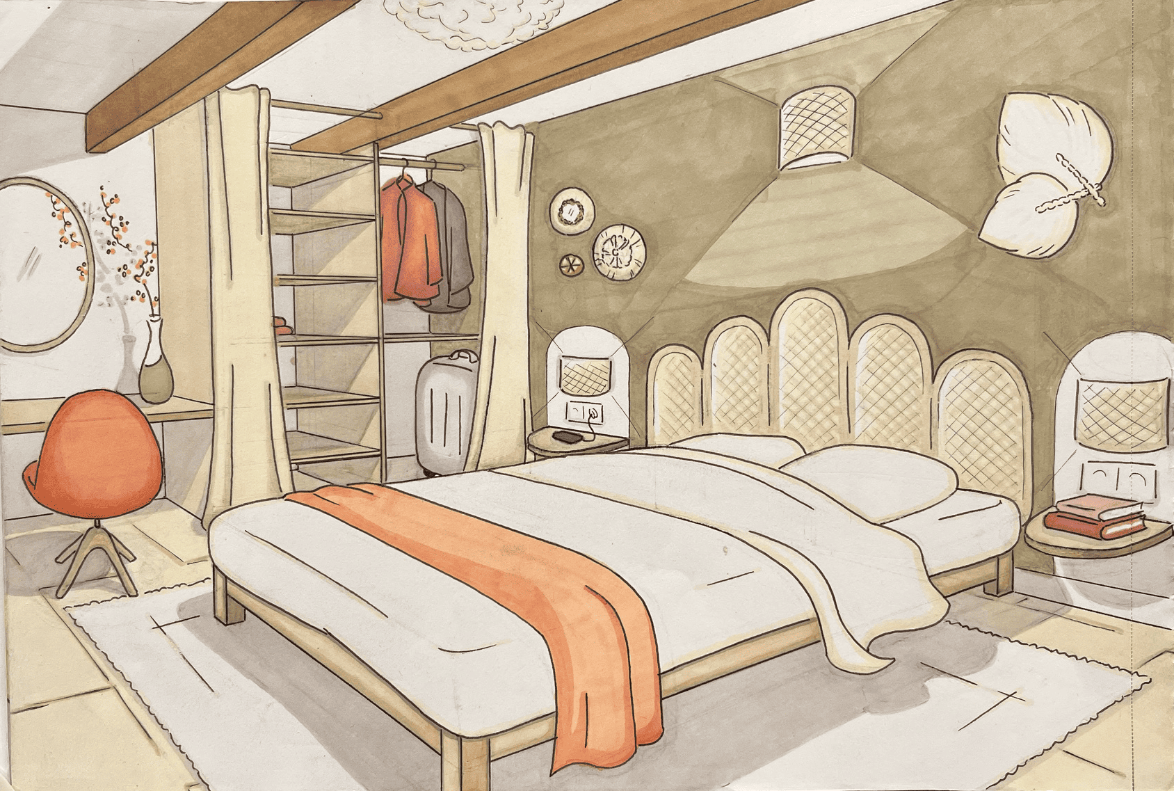 Dessin d'architecture d'intérieur réalisé à la main et coloré aux feutres à alcool représentant l'aménagement d'une chambre d'un appartement destiné à la location saisonnière en Provence