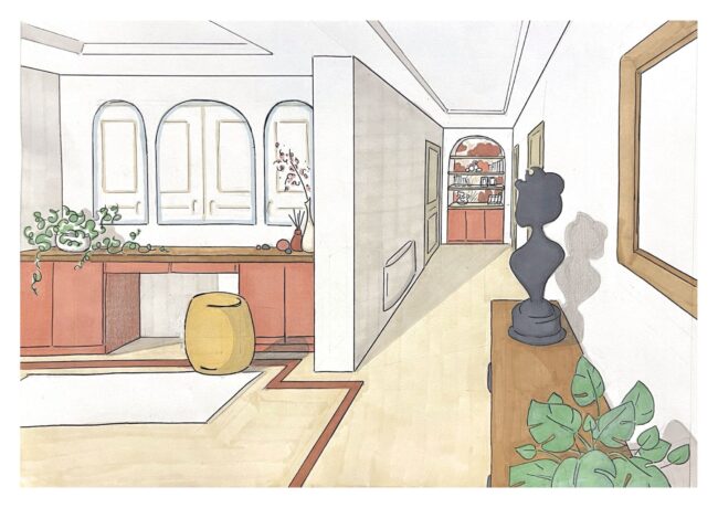 Dessin d'architecture d'intérieur réalisé à la main et colorisé aux feutres à alcool représentant la décoration d'une entrée et d'un couloir d'accès aux chambres d'une villa dans le Sud de la France