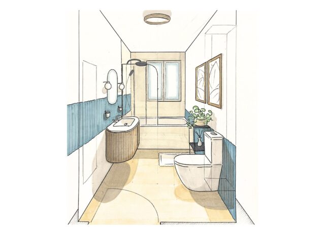 Dessin d'architecture d'intérieur réalisé à la main et colorisé aux feutres à alcool représentant la rénovation d'une salle de bain d'une villa dans le Sud de la France