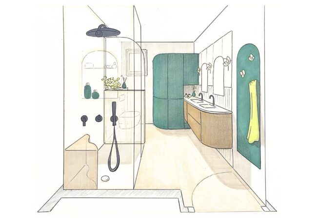 Dessin d'architecture d'intérieur réalisé à la main et colorisé aux feutres à alcool représentant le nouvel agencement d'une salle de bain après restructuration d'une villa dans le Sud de la France