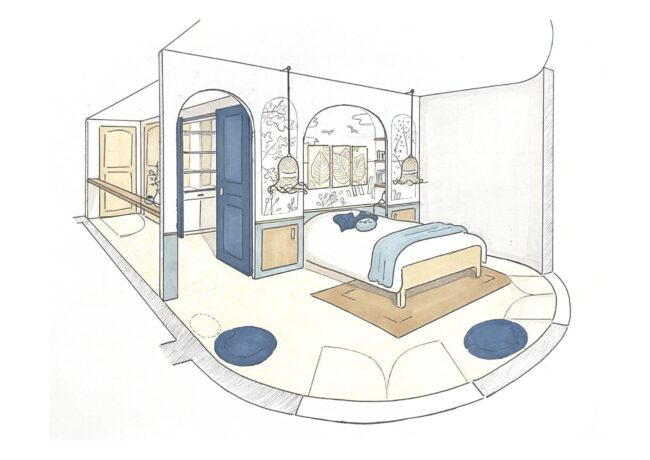 Dessin d'architecture d'intérieur réalisé à la main et colorisé aux feutres à alcool représentant l'aménagement d'une suite parentale d'une villa dans le Sud de la France