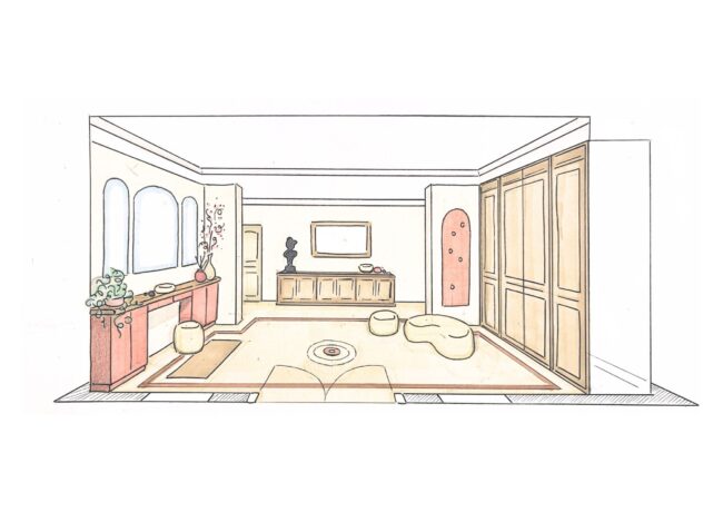 Dessin d'architecture d'intérieur réalisé à la main et colorisé aux feutres à alcool représentant la décoration d'une entrée d'une villa dans le Sud de la France