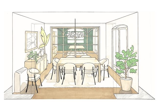 Dessin d'architecture d'intérieur réalisé à la main et colorisé aux feutres à alcool représentant l'aménagement d'une salle à manger d'une villa dans le Sud de la France